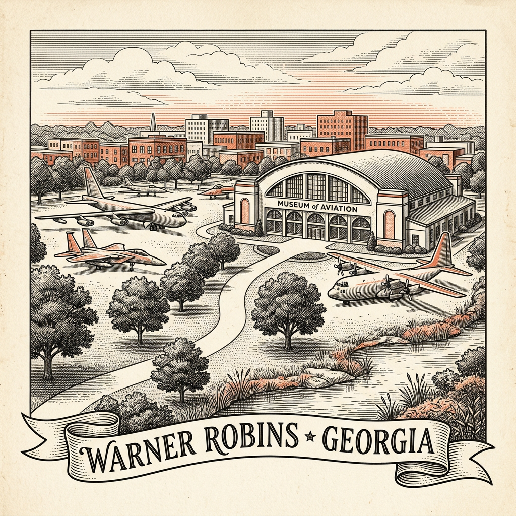 Engraved Warner Robins GA city illustration – Official Translations certified translation services from $29.95 per page
