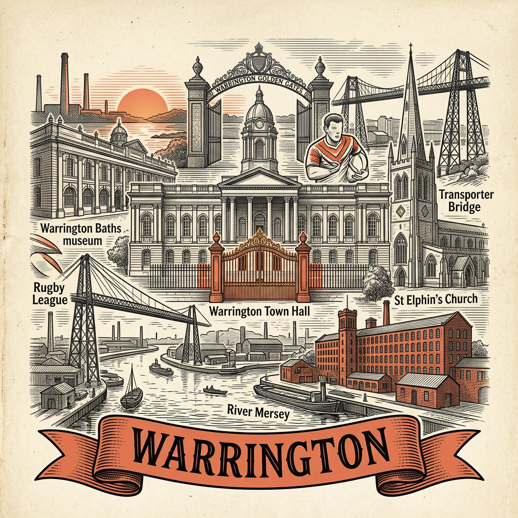 Engraved Warrington England city illustration – Warrington Transporter Bridge, Bank Quay landmarks, Golden Gates of the Town Hall, Walton Hall and Gardens, Halliwell Jones Stadium – Official Translations certified translation services from £29.95 per page