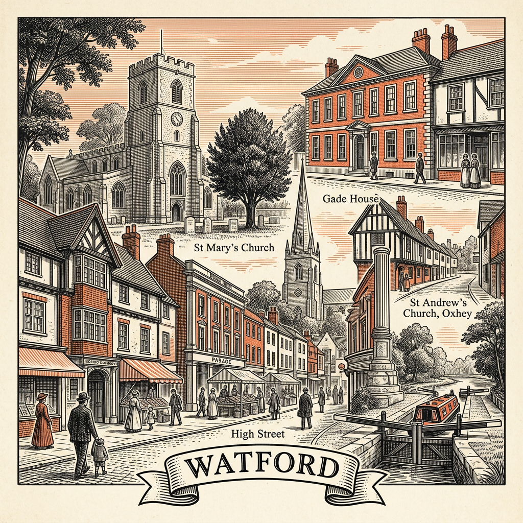 Engraved Watford England city illustration – Vicarage Road Stadium, Watford Colosseum, Cassiobury Park, intu Watford shopping centre, Watford Museum – Official Translations certified translation services from £29.95 per page
