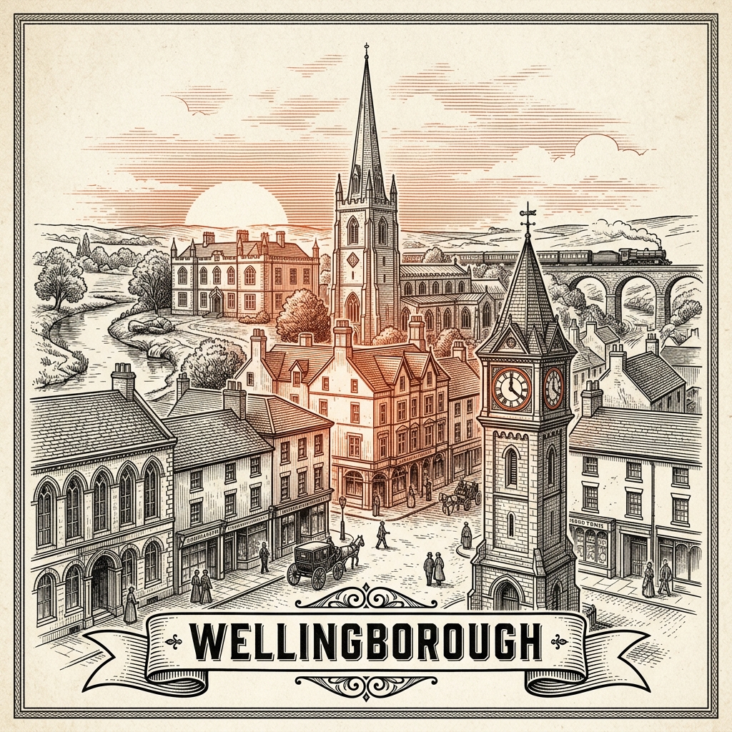 Engraved Wellingborough England city illustration – All Hallows Church, Wellingborough Embankment and River Nene, Croyland Abbey gatehouse, Castle Theatre, HMP Five Wells – Official Translations certified translation services from £29.95 per page