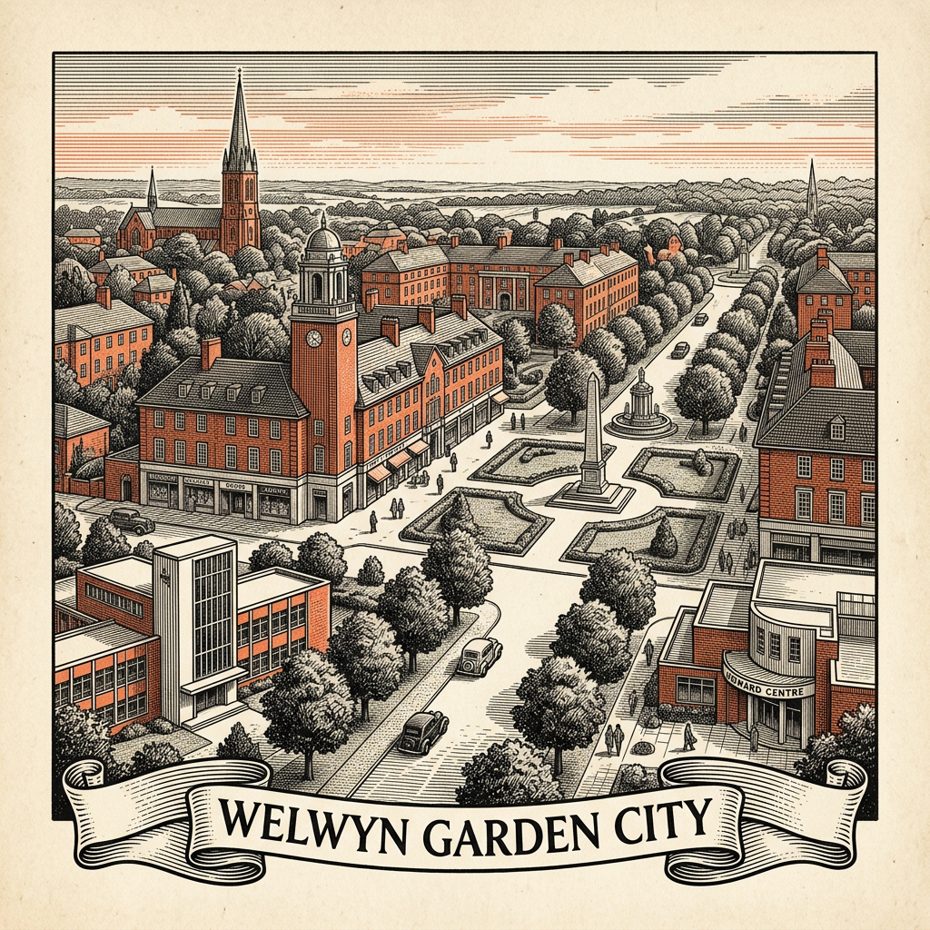 Engraved Welwyn Garden City England city illustration – Howard Centre and Parkway boulevard, Campus West and the Coronation Fountain, St Francis of Assisi Church, Stanborough Lakes, Shredded Wheat factory (Hines) – Official Translations certified translation services from £29.95 per page