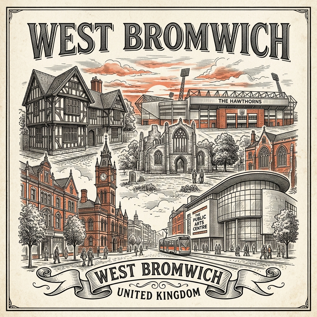 Engraved West Bromwich England city illustration – The Public arts centre, Sandwell College, Dartmouth Park bandstand, Oak House Tudor manor, West Bromwich Albion's The Hawthorns stadium – Official Translations certified translation services from £29.95 per page