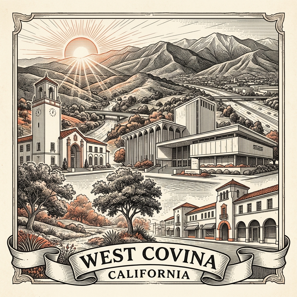 Engraved West Covina CA city illustration – Official Translations certified translation services from $29.95 per page