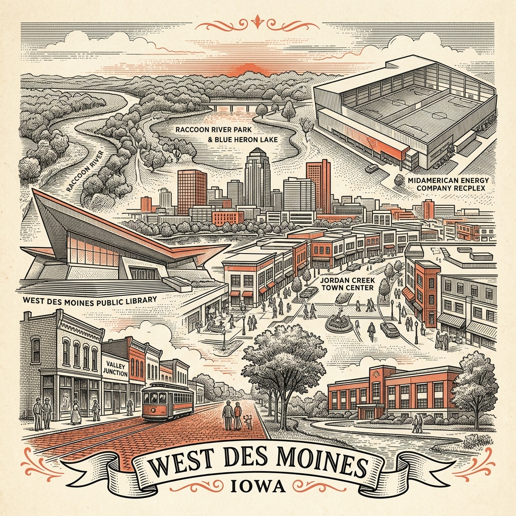 Engraved West Des Moines IA city illustration – Official Translations certified translation services from $29.95 per page