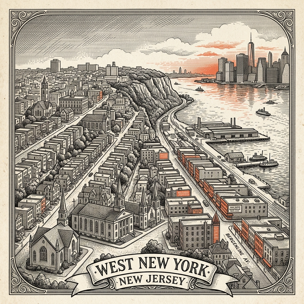 Engraved West New York NJ city illustration – Official Translations certified translation services from $29.95 per page