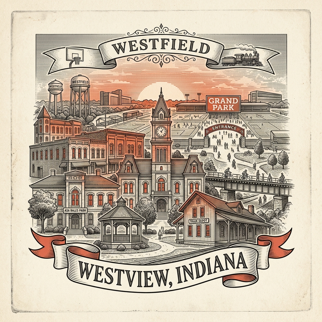 Engraved Westfield IN city illustration – Official Translations certified translation services from $29.95 per page