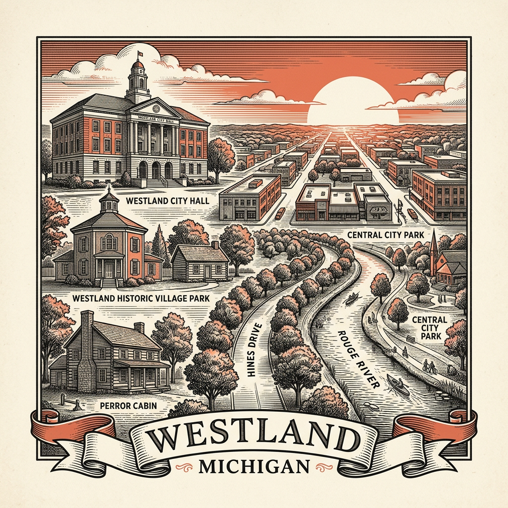 Engraved Westland MI city illustration – Official Translations certified translation services from $29.95 per page