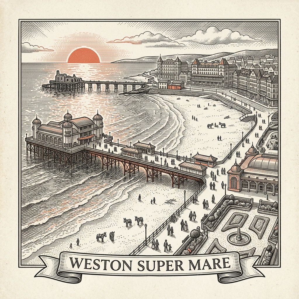 Engraved Weston-super-Mare England city illustration – Grand Pier with helter-skelter, the donkey-trodden sands, Tropicana lido, Knightstone Island, Worlebury Hill wooded ridge – Official Translations certified translation services from £29.95 per page