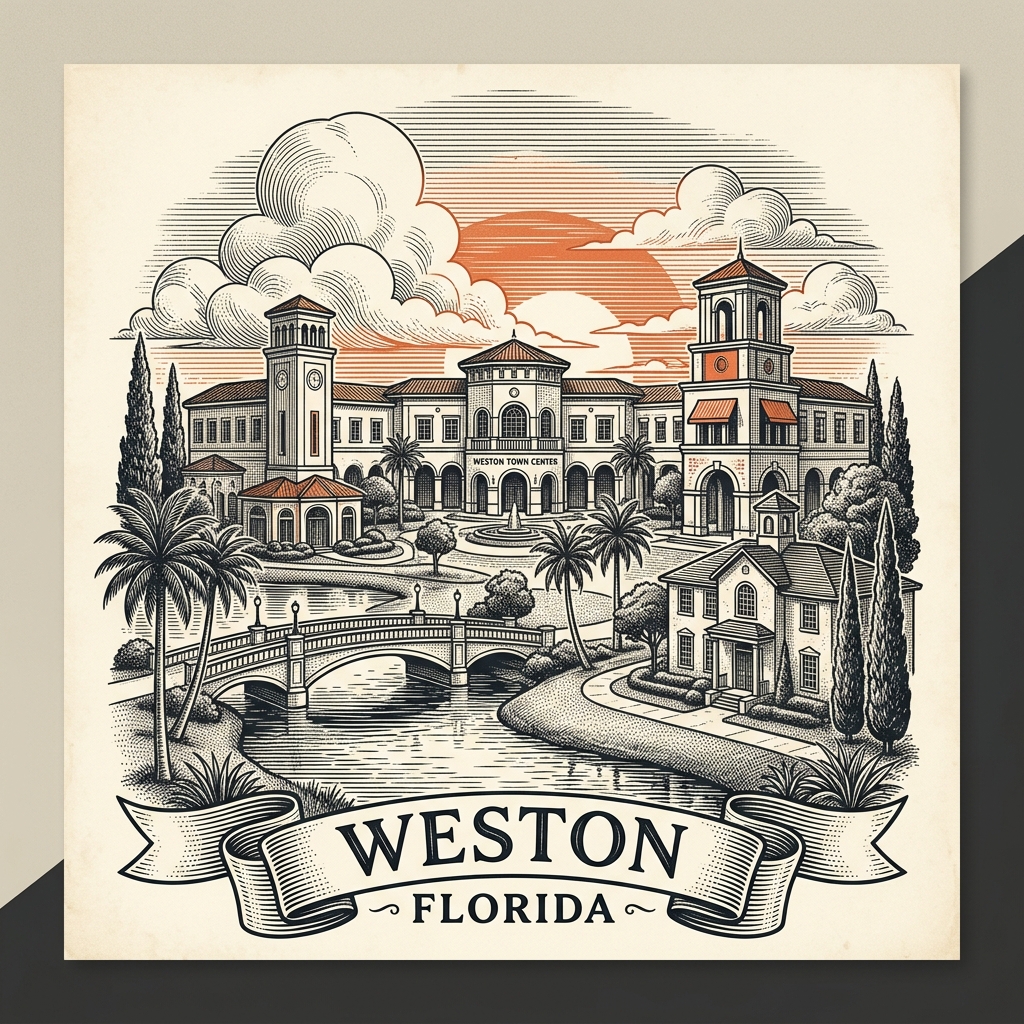 Engraved Weston FL city illustration – Official Translations certified translation services from $29.95 per page