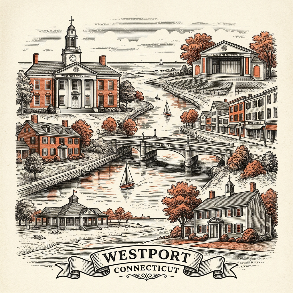 Engraved Westport CT city illustration – Official Translations certified translation services from $29.95 per page
