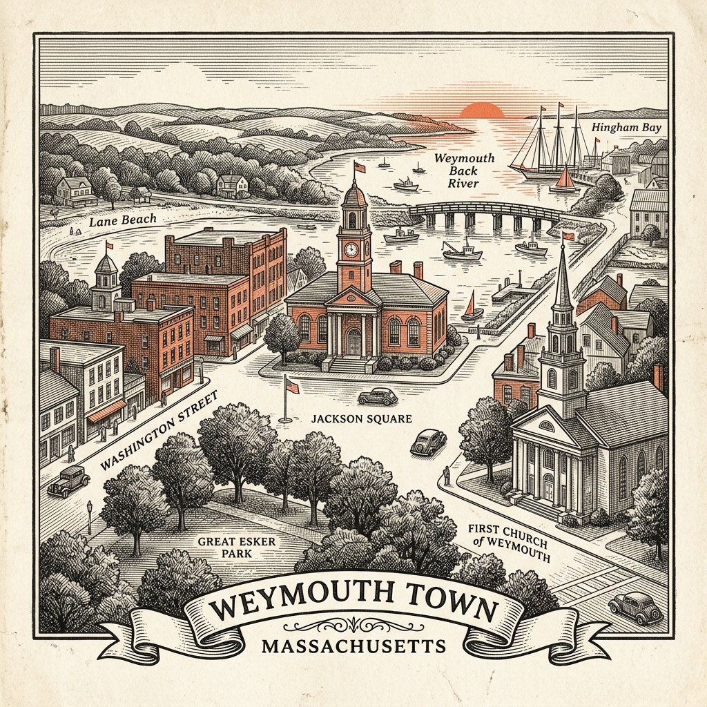 Engraved Weymouth MA city illustration – Official Translations certified translation services from $29.95 per page
