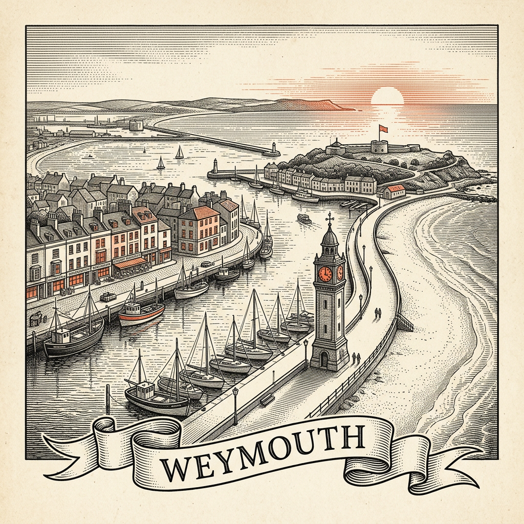 Engraved Weymouth England city illustration – Weymouth Esplanade and beach, Nothe Fort, Weymouth Harbour, Jurassic Skyline tower, Portland Bill lighthouse nearby – Official Translations certified translation services from £29.95 per page
