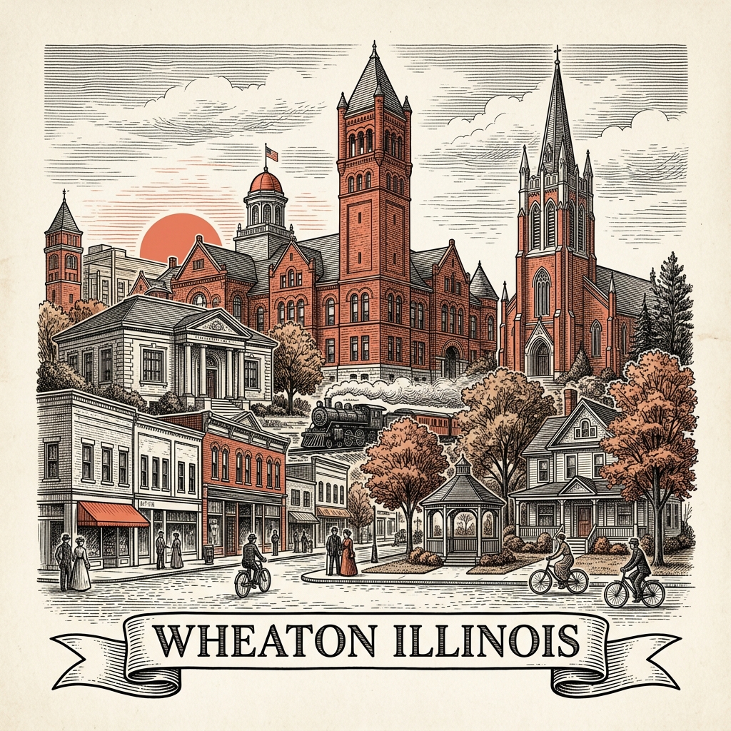 Engraved Wheaton IL city illustration – Official Translations certified translation services from $29.95 per page