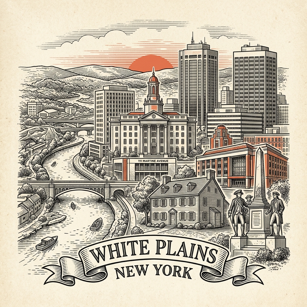 Engraved White Plains NY city illustration – Official Translations certified translation services from $29.95 per page