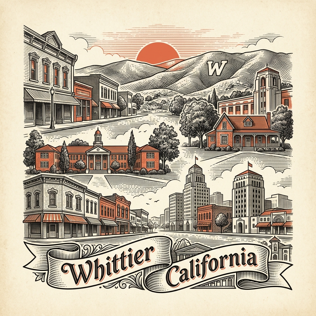 Engraved Whittier CA city illustration – Official Translations certified translation services from $29.95 per page