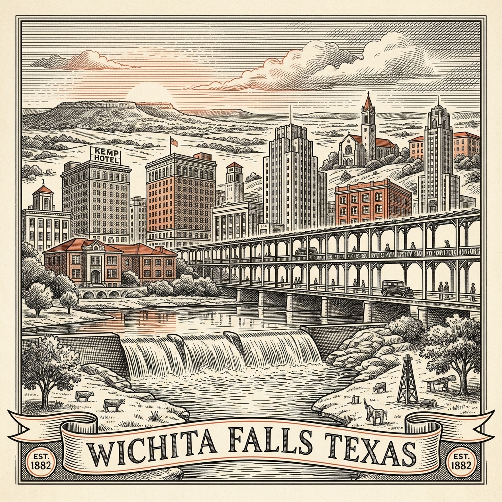 Engraved Wichita Falls TX city illustration – Official Translations certified translation services from $29.95 per page