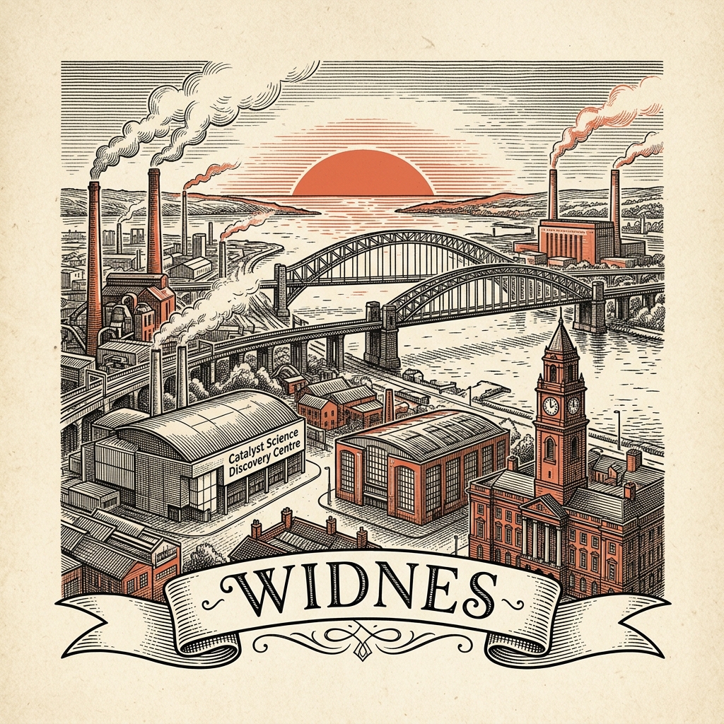 Engraved Widnes England city illustration – Silver Jubilee Bridge and Mersey Gateway, Catalyst Science Discovery Centre, Spike Island, Halton Stadium, St Bede's Church – Official Translations certified translation services from £29.95 per page