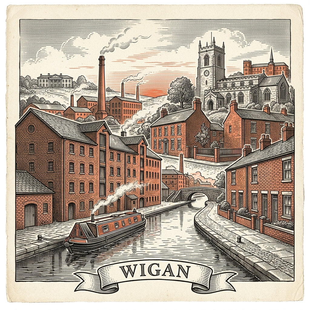 Engraved Wigan England city illustration – Wigan Pier, Trencherfield Mill engine, Haigh Hall, DW Stadium, Wigan Parish Church – Official Translations certified translation services from £29.95 per page