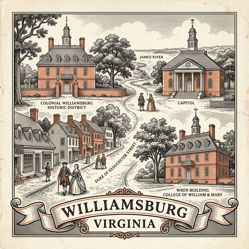 Engraved Williamsburg VA city illustration – Official Translations certified translation services from $29.95 per page