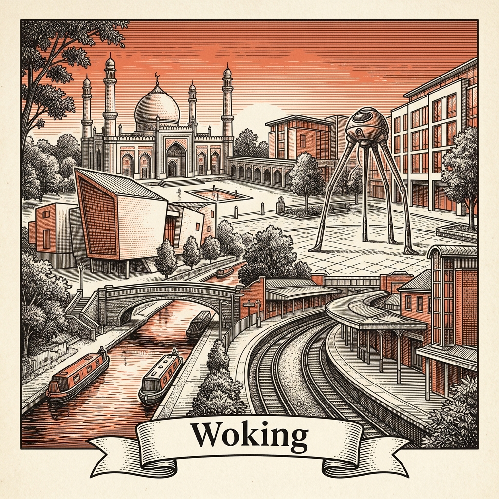 Engraved Woking England city illustration – Shah Jahan Mosque, Lightbox Gallery, Woking Palace ruins, H.G. Wells Tripod sculpture, Brookwood Cemetery – Official Translations certified translation services from £29.95 per page