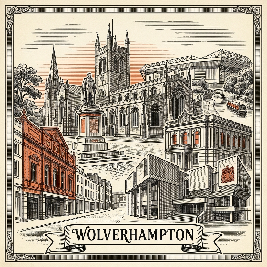 Engraved Wolverhampton England city illustration – Wolverhampton Civic Hall, Molineux Stadium, Mander Centre, Chubb Buildings, St Peter's Collegiate Church – Official Translations certified translation services from £29.95 per page