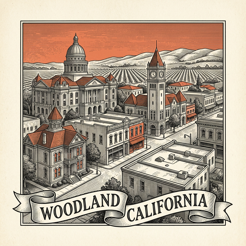 Engraved Woodland CA city illustration – Official Translations certified translation services from $29.95 per page