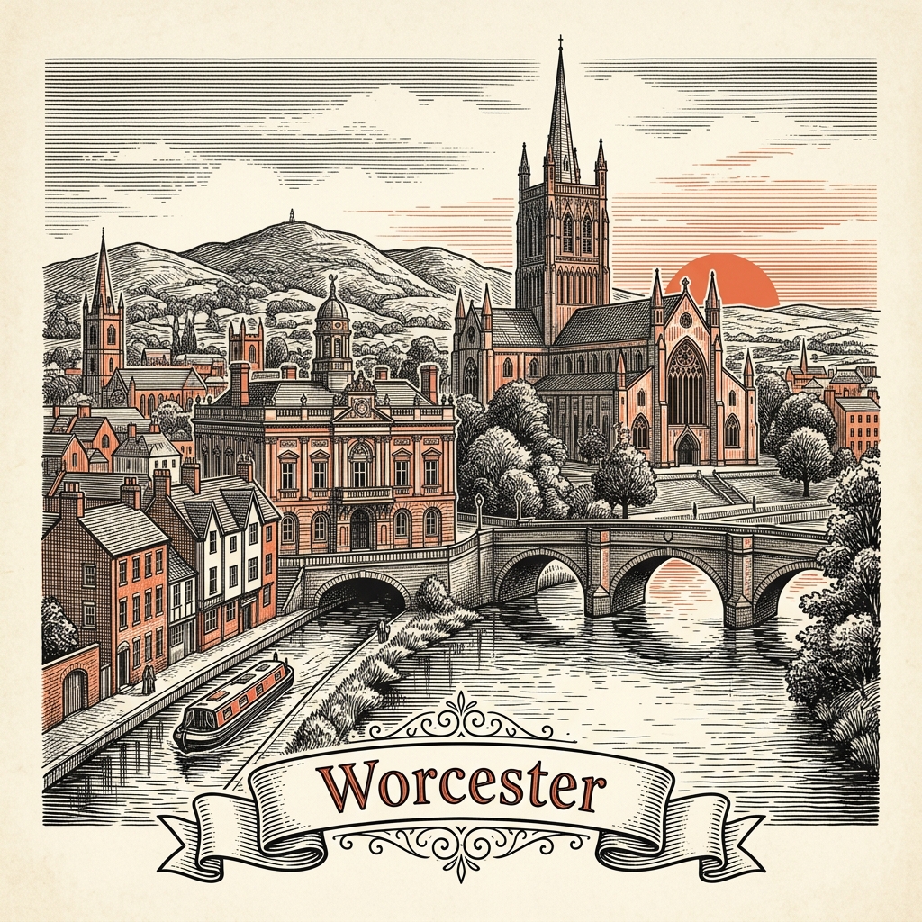 Engraved Worcester England city illustration – Worcester Cathedral, River Severn and Worcester Bridge, Royal Worcester Porcelain Museum, Guildhall, The Commandery – Official Translations certified translation services from £29.95 per page