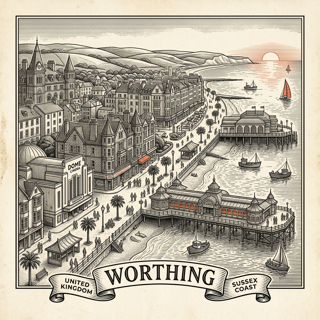 Engraved Worthing England city illustration – Worthing Pier, Beach House Park, Dome Cinema, Highdown Gardens, South Downs backdrop – Official Translations certified translation services from £29.95 per page