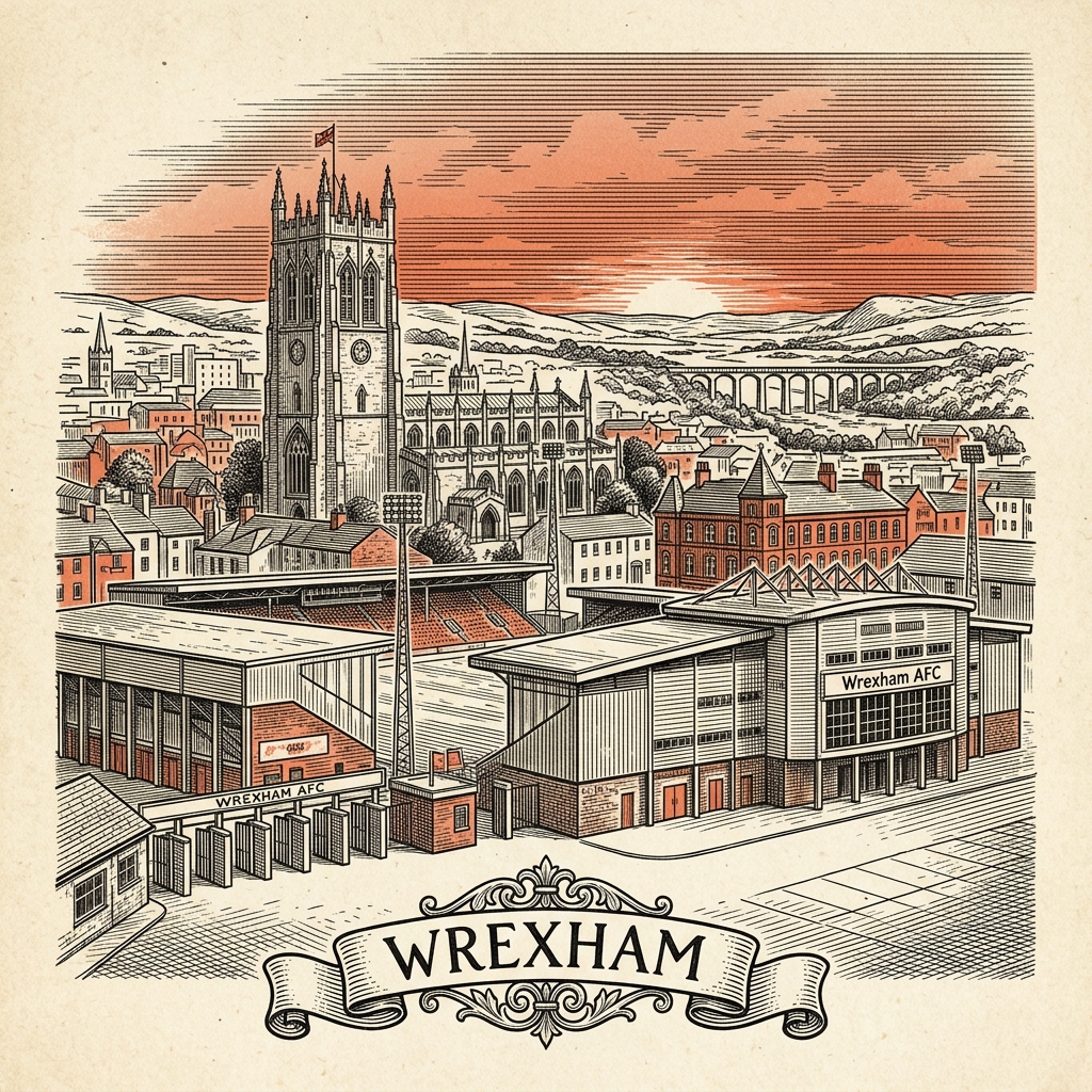Engraved Wrexham Wales city illustration – St Giles' Parish Church tower, Wrexham AFC's Racecourse Ground, Pontcysyllte Aqueduct nearby, Erddig Hall, Ty Pawb arts market – Official Translations certified translation services from £29.95 per page