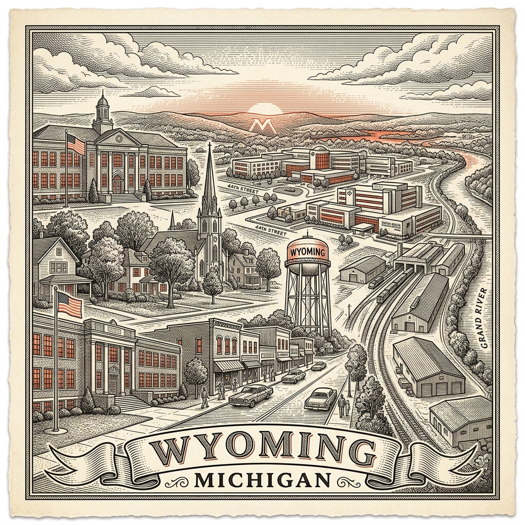 Engraved Wyoming MI city illustration – Official Translations certified translation services from $29.95 per page
