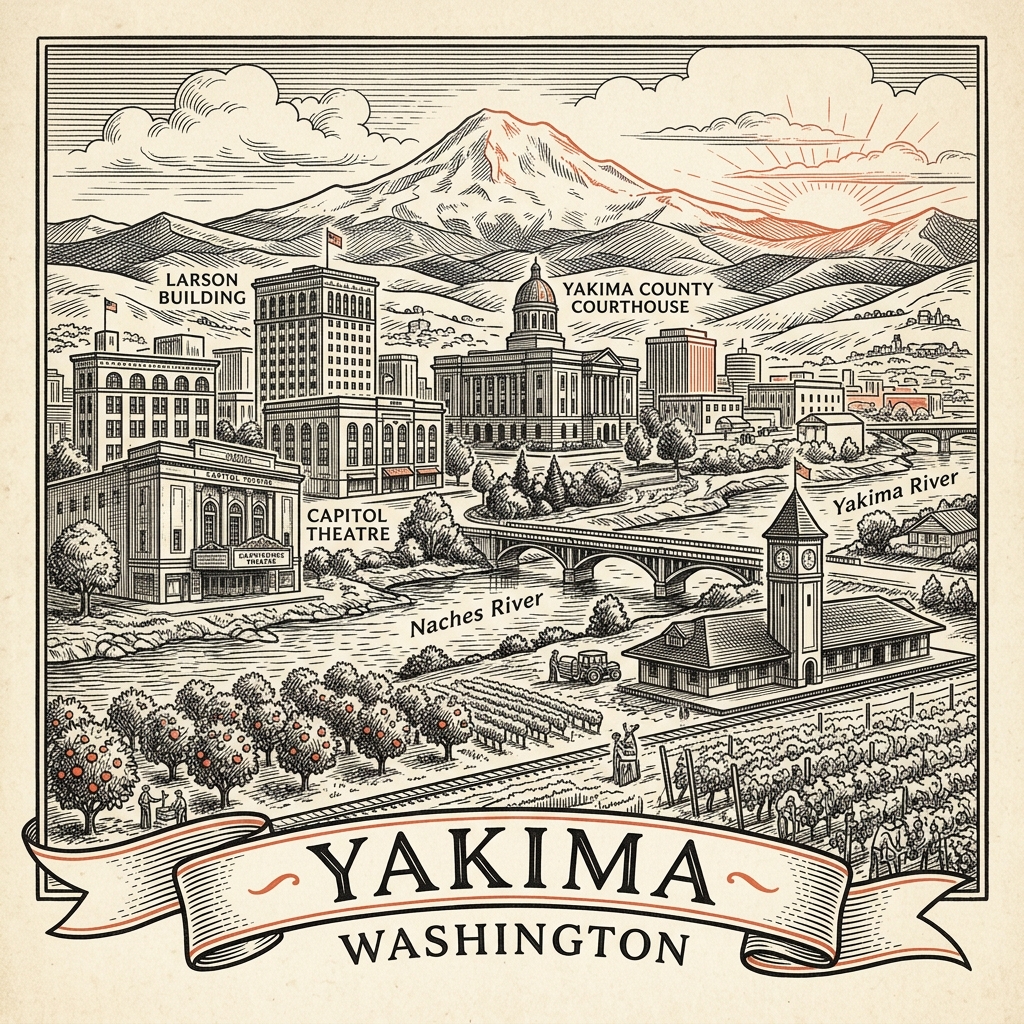 Engraved Yakima WA city illustration – Official Translations certified translation services from $29.95 per page