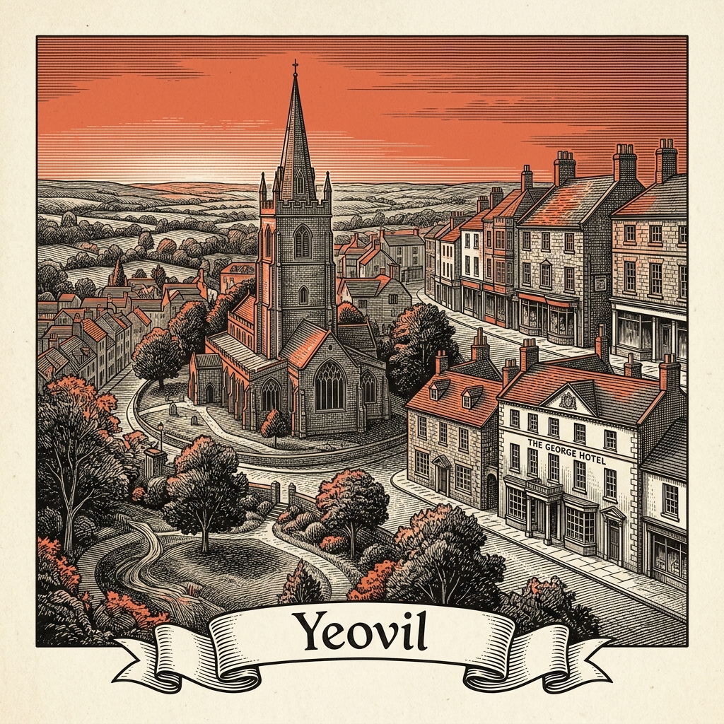 Engraved Yeovil England city illustration – Yeovil Country Park and Ninesprings, St John the Baptist Church, Fleet Air Arm Museum (RNAS Yeovilton), Westland Helicopters factory, Yeovil Crematorium and War Memorial – Official Translations certified translation services from £29.95 per page