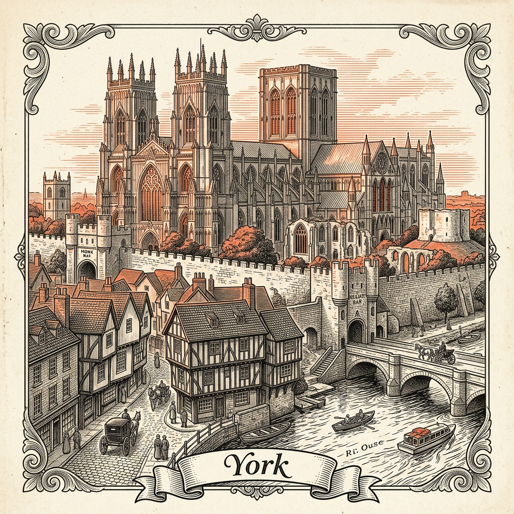 Engraved York England city illustration – York Minster, the City Walls, Clifford's Tower, The Shambles, Lendal Bridge over the Ouse – Official Translations certified translation services from £29.95 per page
