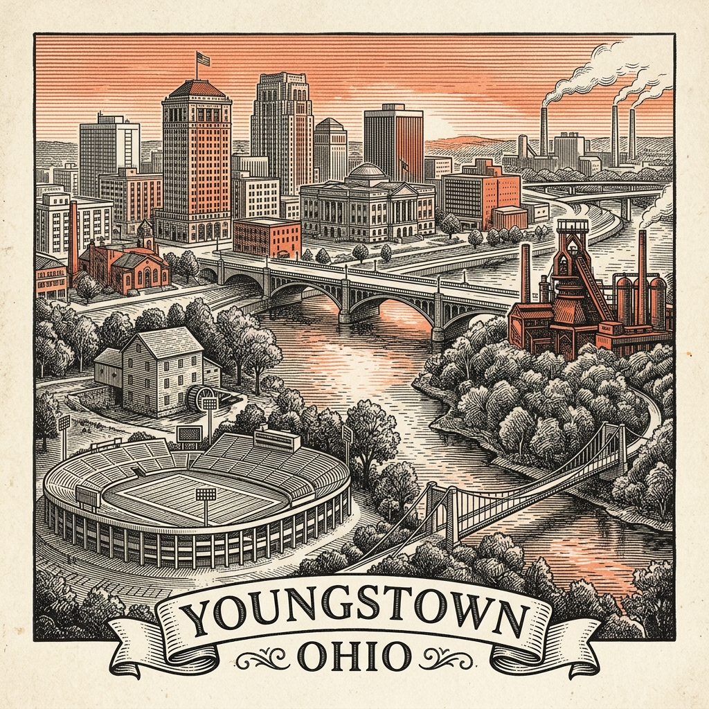 Engraved Youngstown OH city illustration – Official Translations certified translation services from $29.95 per page
