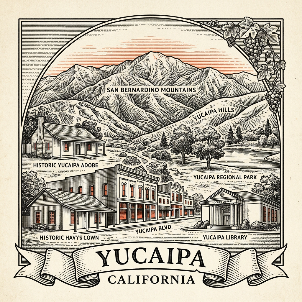 Engraved Yucaipa CA city illustration – Official Translations certified translation services from $29.95 per page