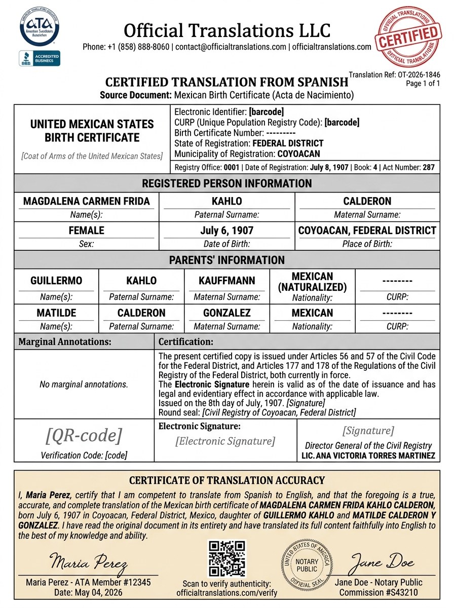 Sample certified English translation of a Mexican birth certificate, formatted for USCIS submission, with translator and notary attestations.
