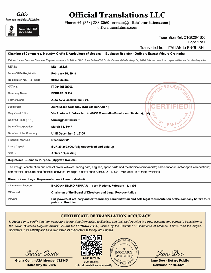 Sample certified English translation of an Italian company registry extract (Visura), with company details, share capital and directors.
