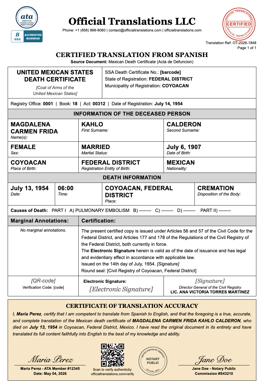Sample certified English translation of a Mexican death certificate (Acta de Defuncion), formatted for probate and USCIS, with translator and notary attestations.