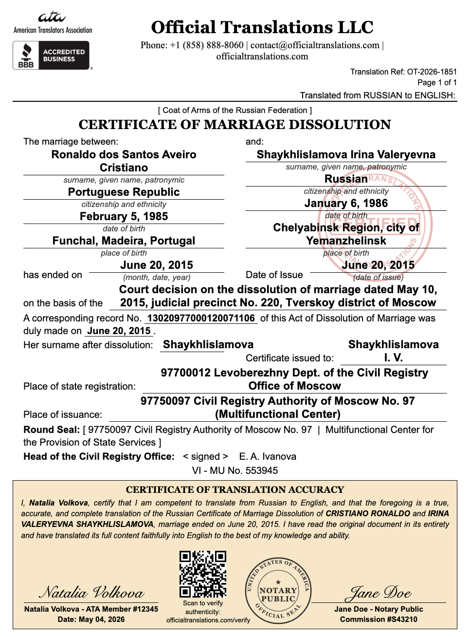 Sample certified English translation of a Russian certificate of dissolution of marriage (divorce certificate), formatted for USCIS, courts and remarriage.