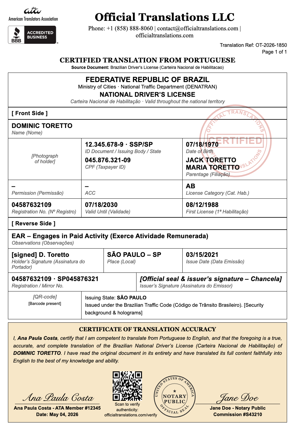 Sample certified English translation of a Brazilian driver's license (Carteira Nacional de Habilitacao), front and back, formatted for DMV license exchange and insurance.