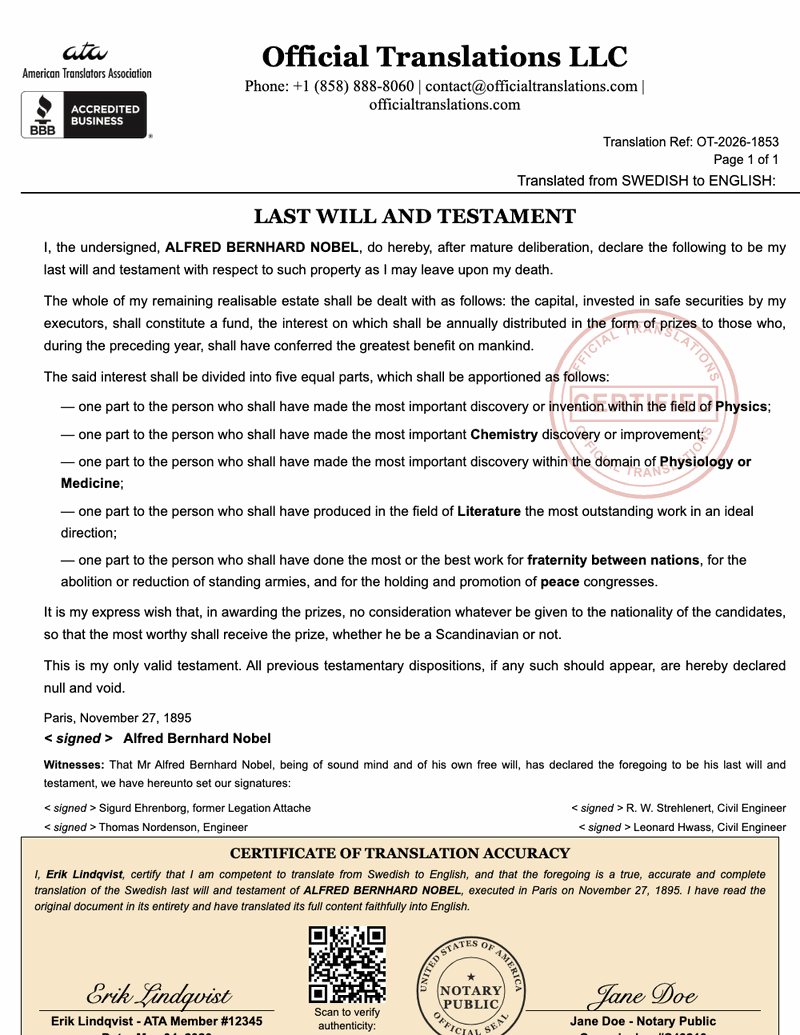 Sample certified English translation of a Swedish last will and testament, showing testamentary clauses, witnesses and signatures.