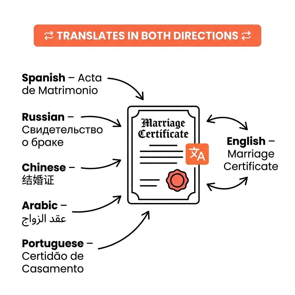 Multilingual marriage certificate translation diagram showing five source languages converting into a single certified English document