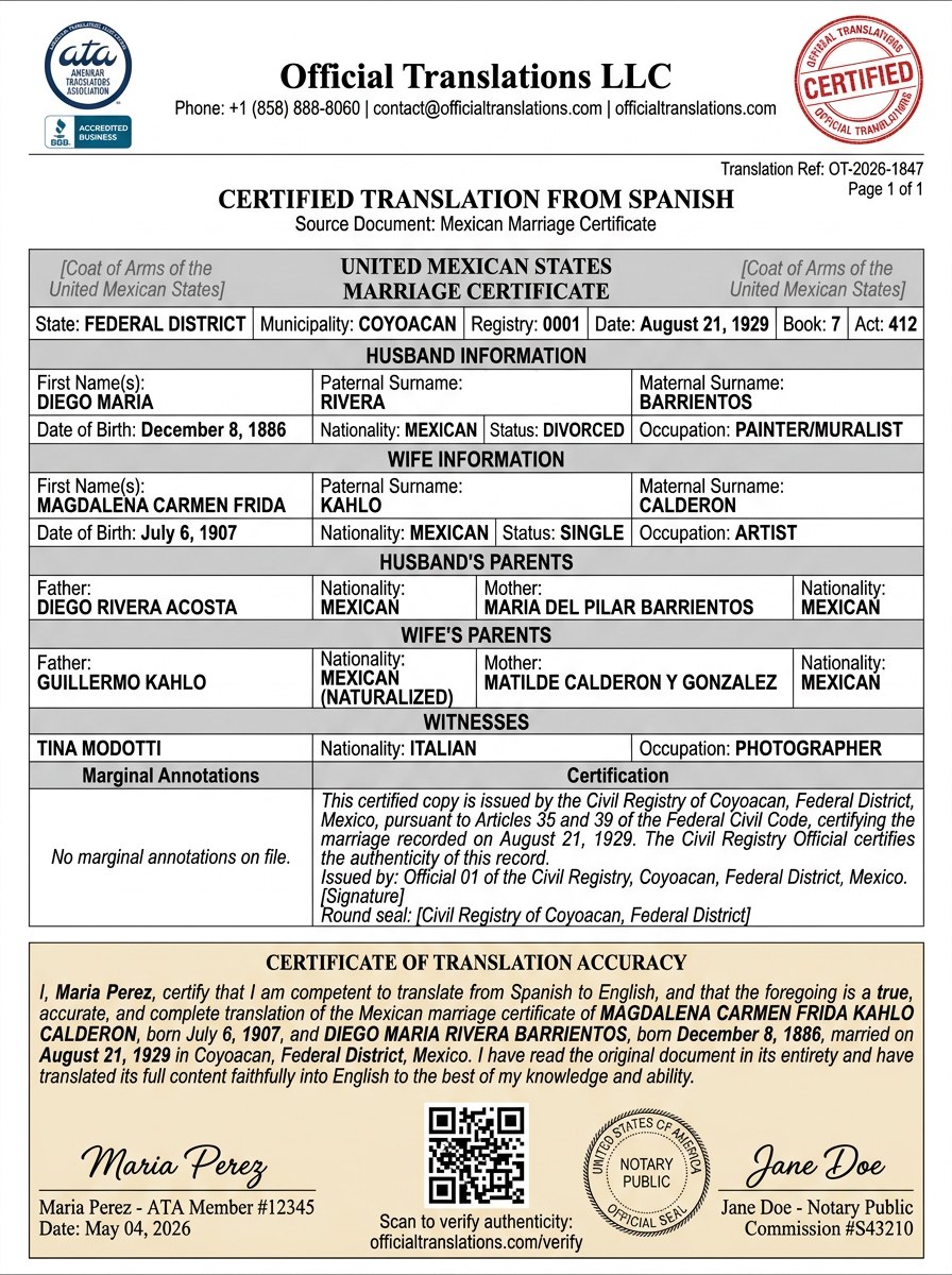 Sample certified English translation of a Mexican marriage certificate (acta de matrimonio), formatted for USCIS submission, with translator and notary attestations.