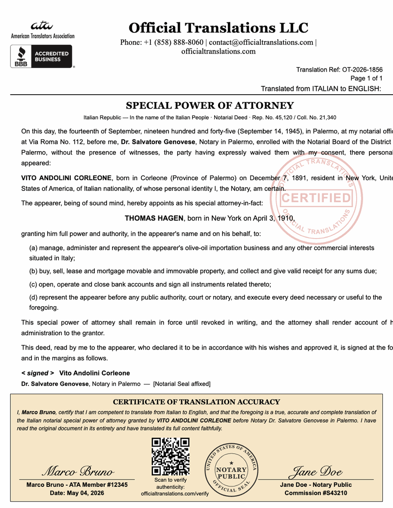 Sample certified English translation of an Italian notarial special power of attorney, with grantor, granted powers and notary details.