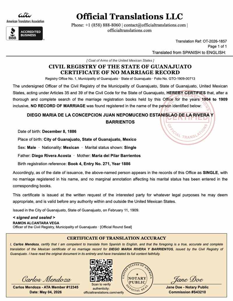 Sample certified English translation of a Mexican civil-registry certificate of no marriage record, with personal details and certification.